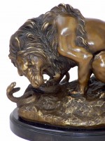 Big Lion fights against a snake - Bronze signed A. Barye