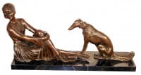 Art Deco Bronze, Woman and Dog on Marble signed Chiparus