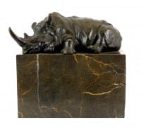 Animal Bronze Figure - Resting Rhino on Marble - signed by Milo